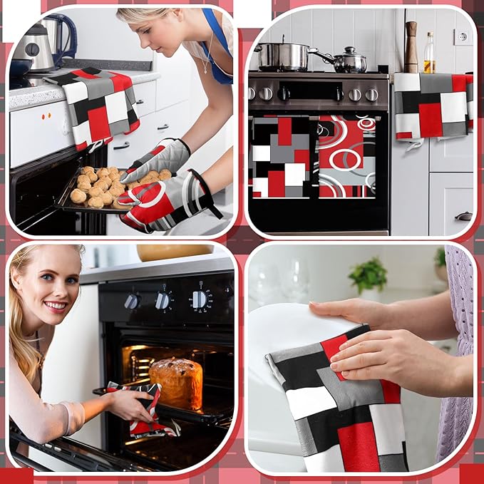 Jingmore 6 Pcs Kitchen Decor Set Accessorie Farmhouse Kitchen Towels Pot Holders Oven Mitts Set 2 Dish Towels 2 Pot Holders 2 Cooking Mittens Oven Glove for Cooking(Red and Black,Geometric)