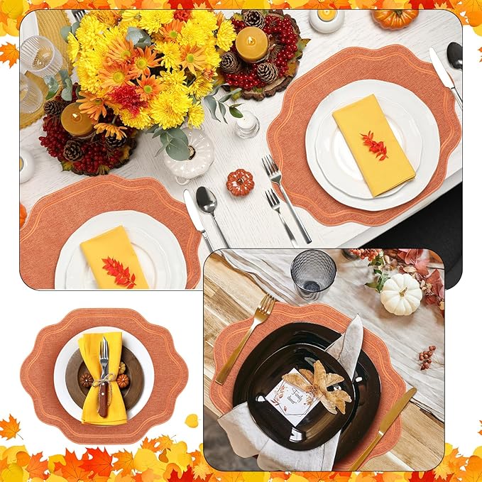 Breling 6 Pcs Wedding Placemats Scalloped Embroidered Cotton Linen Placemats 17" x 13" Double Layered Machine Washable Table Place Mat for Party Table Decor (Orange)