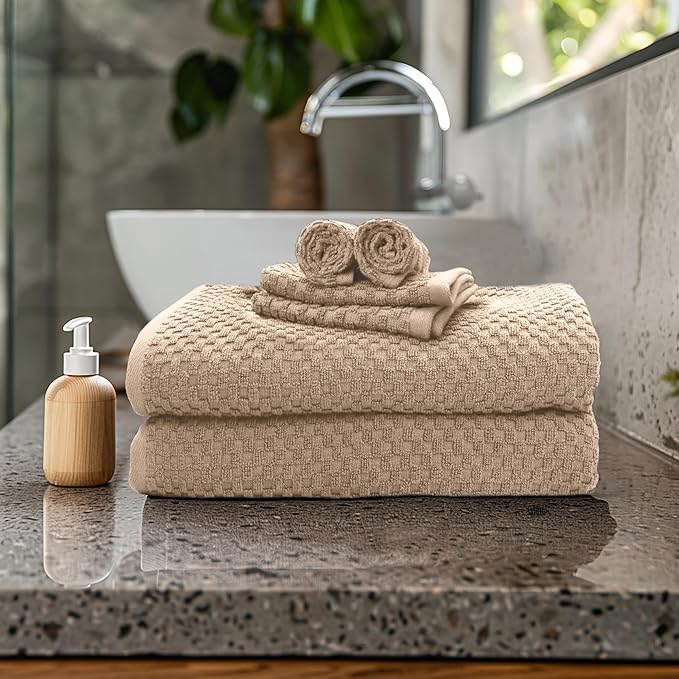 COTTON CRAFT Waffle 6 Piece Towel Set - 100% Cotton - 2 Oversized Luxury Euro Spa Waffle Weave Large Bath Towels, 2 Hand Towels, 2 Washcloths - Absorbent Quick Dry Hotel Bathroom Shower Pool - Linen
