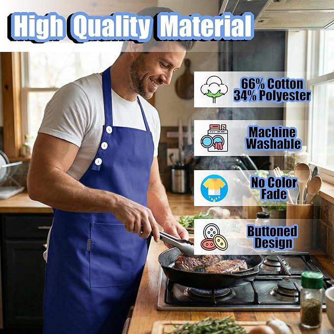 TOSHE Kitchen Apron Waterdrop Resistant Cotton Apron with adjustable Aprons for Women with Pockets 10 Color option Cooking Blue Apron (Navy Blue)