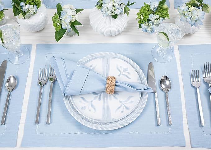 Solino Home Linen Placemats Set of 4 - Classic Hemstitch Sky Blue Placemats 14 x 19 Inch - 100% Pure Linen Table Mats for Spring, Summer, Mothers Day