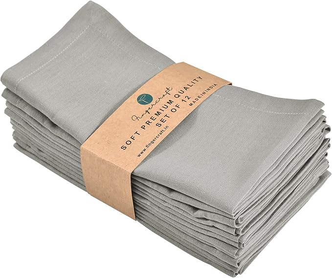 FINGERCRAFT Dinner Cloth Napkins, Cotton Linen Blend Mitered Corner Napkins Cloth 12 Pack Natural Premium Quality for Every Day Use, Parties, Easter, Thanksgiving, Weddings, 18x18 inch Grey