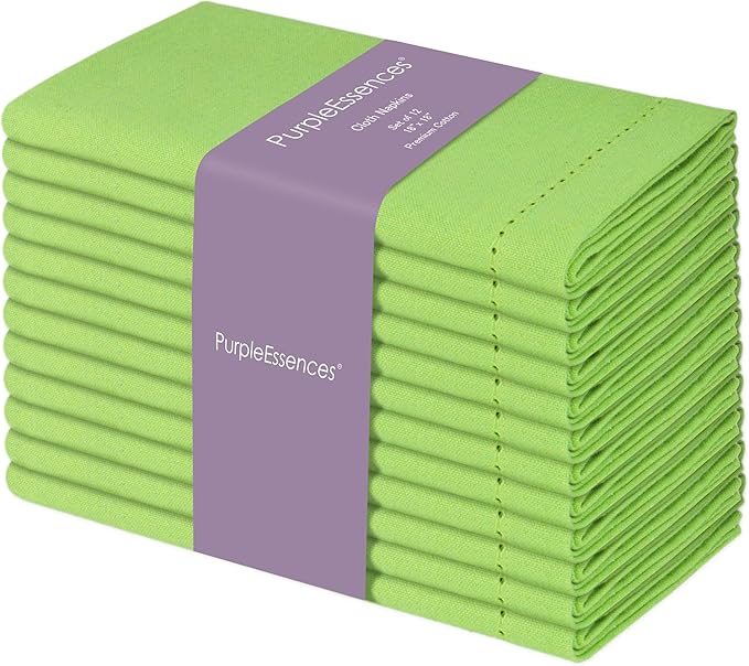PurpleEssences Set of 12 Hemstitch Cloth Dinner Napkins 100% Cotton - Soft Durable Washable - Ideal for Wedding Spring Easter Summer - Perfect Everyday Use Table Linen 18x18 - Apple Green