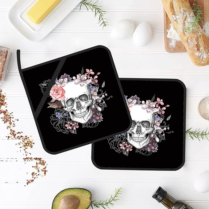 Skull with Flowers Pot Holders Set of 2 Kitchen Heat Resistant Potholder for Microwave Cooking Baking Oven End Dishes and BBQ