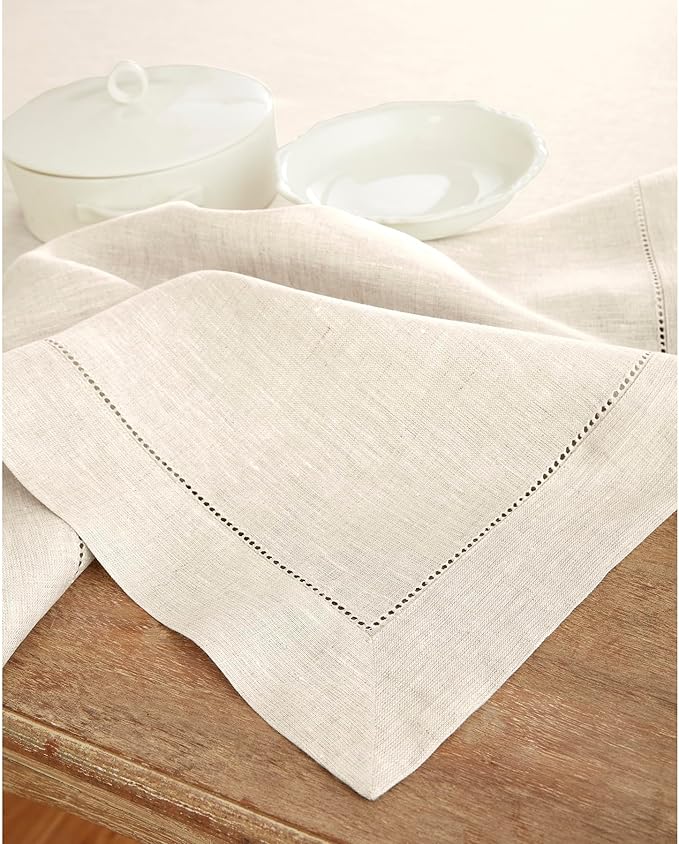 Solino Home Linen Square Placemats Set of 4-100% Pure Linen Light Natural Cloth Placemats 14 x 14 Inch - Classic Hemstitch, Machine Washable Place Mats for Spring, Summer, Mothers Day