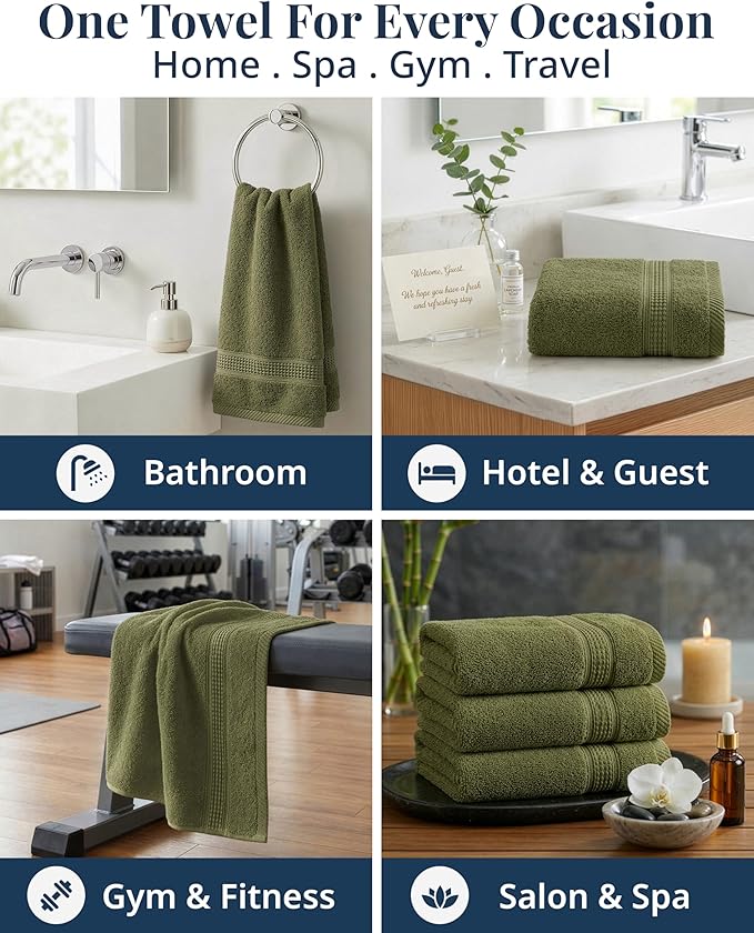 LANE LINEN Bath Hand Towels for Bathroom - 4 Pack (16" x 28"), 100% Cotton Hand & Face Towels Set - Soft, Prevent Fraying & Machine Washable - Everyday Family Towel, Gets Softer Each Wash - Oil Green