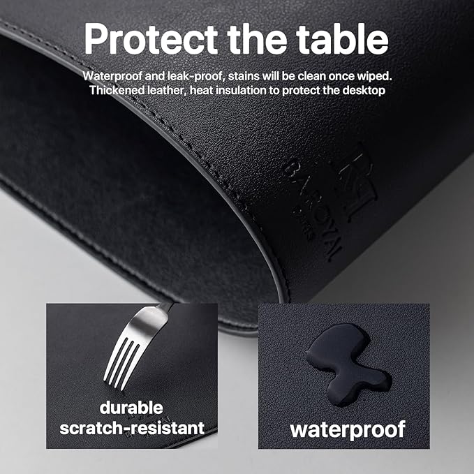 Faux Leather Placemats Set of 6 Vinyl Washable Wipeable Table Mats for Kitchen Dining Table Heat Resistant Waterproof Modern Indoor/Outdoor Placemats Non-Slip Easy Clean Place Mats (Black)