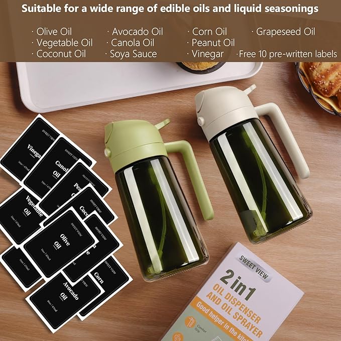 SWEET VIEW 2PCS Olive Oil Dispenser and Oil Sprayer – 16oz/470ml Glass Light-Proof Oil Pourer for Kitchen Air Fryer, Cooking, Salad, and BBQ, with Stickers