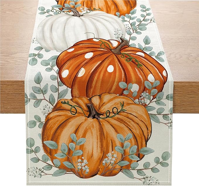 ONFAON Fall Decorations for Home, Fall Table Runner 13x72 Inch, Pumpkins Eucalyptus Leaves Thanksgiving Farmhouse Decor Table Decoration for Kitchen Dinning, Indoor Outdoor Dinner Party ZQZX02