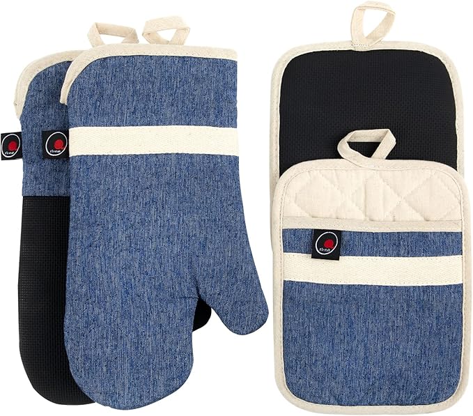 Oven Mitts and PotHolders Sets, 4 Pcs Kitchen Oven Glove High Heat Resistant 400°F Pot Holders for Kitchen, Non-Slip Neoprene Oven Mitts are Suitable for Cooking, Baking (Blue)