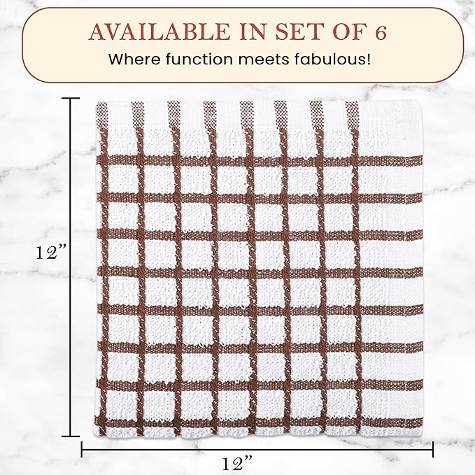 Vintage Vista 100% Cotton Dish Cloths (Pack of 6) - Dish Rags for Washing Dishes - Reusable & Highly Absorbent Kitchen Towels - Kitchen Rags fo Easter - (12" x 12" - Natural Brown Checkered)