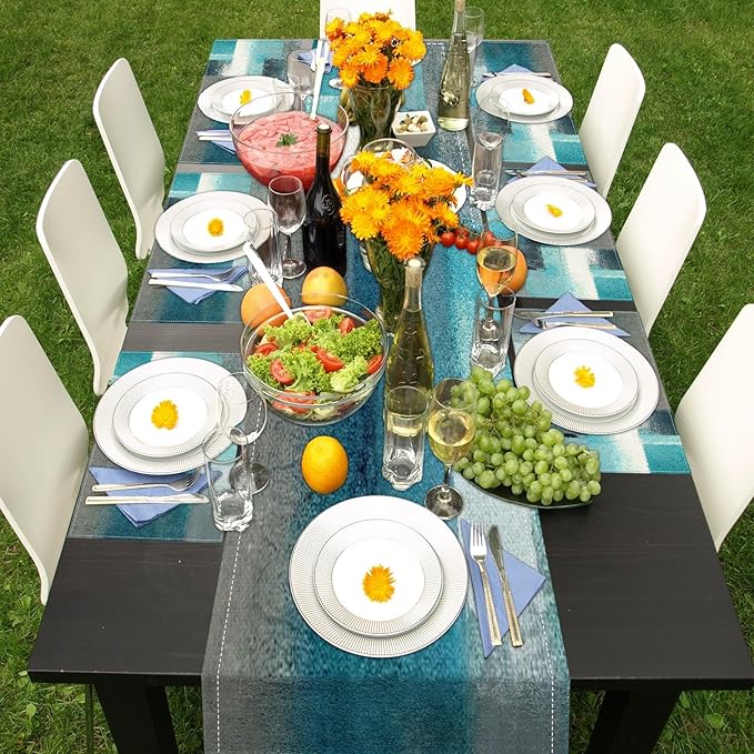 ArtSocket Farmhouse Table Runner and Placemats Set of 6, Abstract Green Blue Grey Teal Painting Art Dining Decor for Daily Use(1 Table Runner 72 inches Long and 6 Placemats)