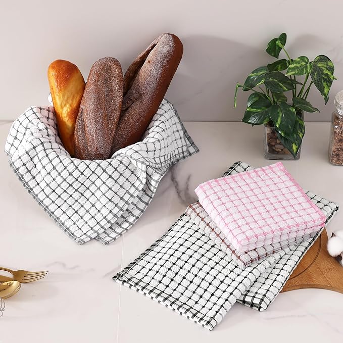 Homaxy Kitchen Towels and Dishcloths Set, 16 x 25 and 12 x 12 Inches, Set of 8 Cotton Terry Kitchen Dish Towels, Super Soft and Absorbent Dish Cloths, Black/Grey/Pink/Brown