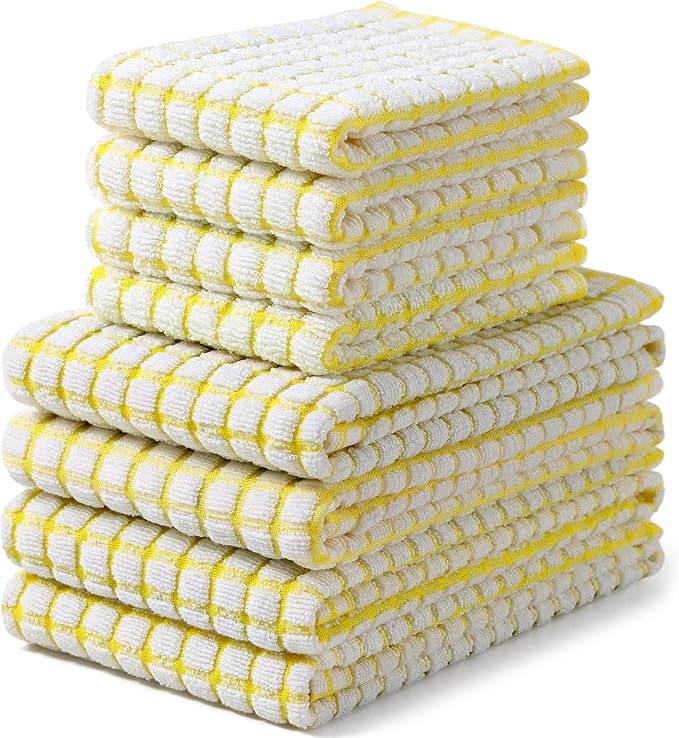 Homaxy Kitchen Towels and Dishcloths Set, 16 x 25 and 12 x 12 Inches, Set of 8 Cotton Terry Kitchen Dish Towels, Super Soft and Absorbent Dish Cloths, Yellow