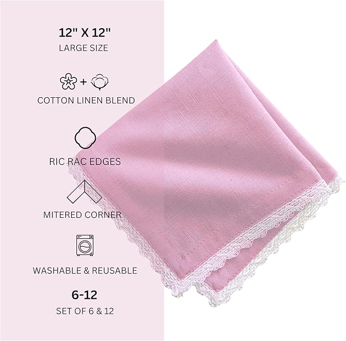 Fingercraft Dinner Cloth Napkin Cotton Linen Blend 12 Pack 12In Mitered Corners with Elegant Lace for Everyday Use Napkins Cloth are Pre Shrunk and Good Absorbency Pastel Rose Easter Color