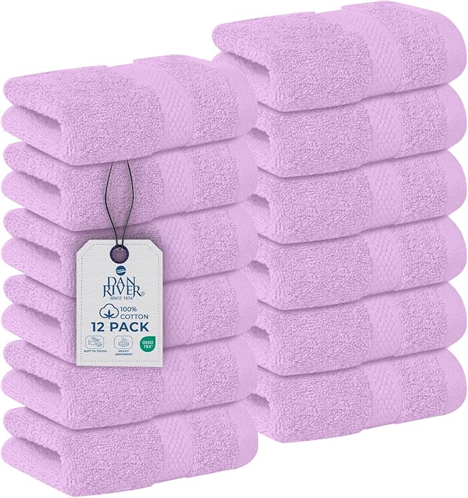 DAN RIVER 12-Pack Premium 100% Cotton Lavendar Face Towels for Bathroom - Reusable Face Wash Cloths for Showering 12x12 Inches - 550 GSM Super Soft & Absorbent Luxury WashCloths for Body, Spa & Gym