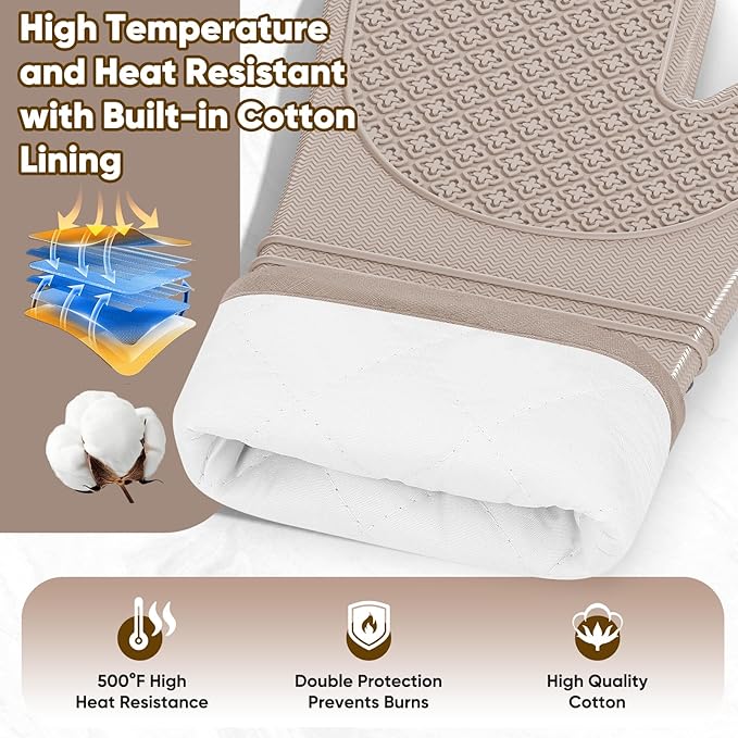 Silicone Oven Mitts, Heat Resistant Oven Gloves with Quilted Liner, Waterproof & Non-Slip Kitchen Mittens for Baking Cooking BBQ, 500°F, 12.5"-Milkshake Beige