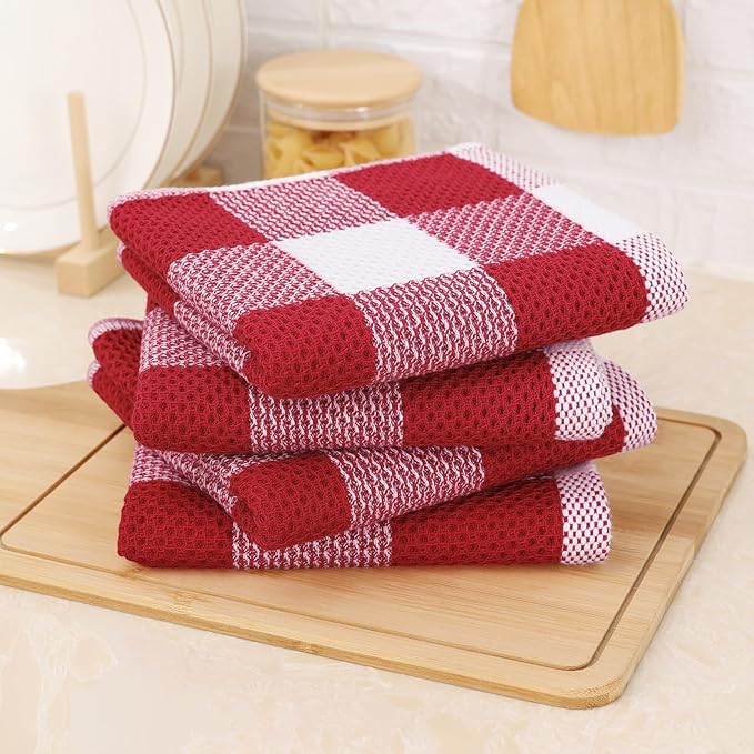 Mordimy 100% Cotton Waffle Weave Kitchen Towels, 13 x 28 Inches, Super Soft and Absorbent Buffalo Check Dish Towels for Drying Dishes, 4-Pack, Red & White