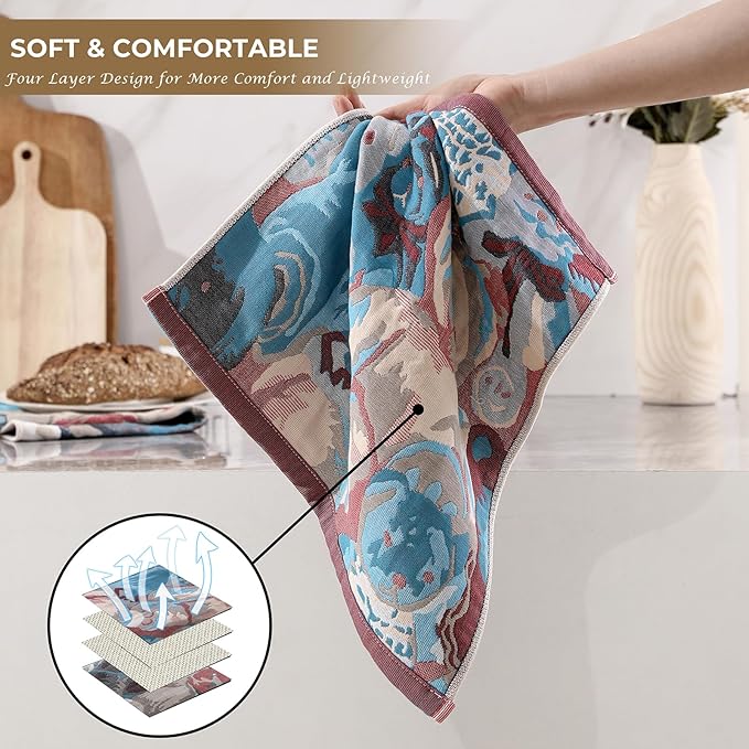 Cotton Washcloths,Dish Towels for Kitchen, 4 Pack Cotton Kitchen Towels with Cute Bear Design, Multi-Purpose Dish Cloths for Washing Dishes, Hand Towels for Kitchen Decor