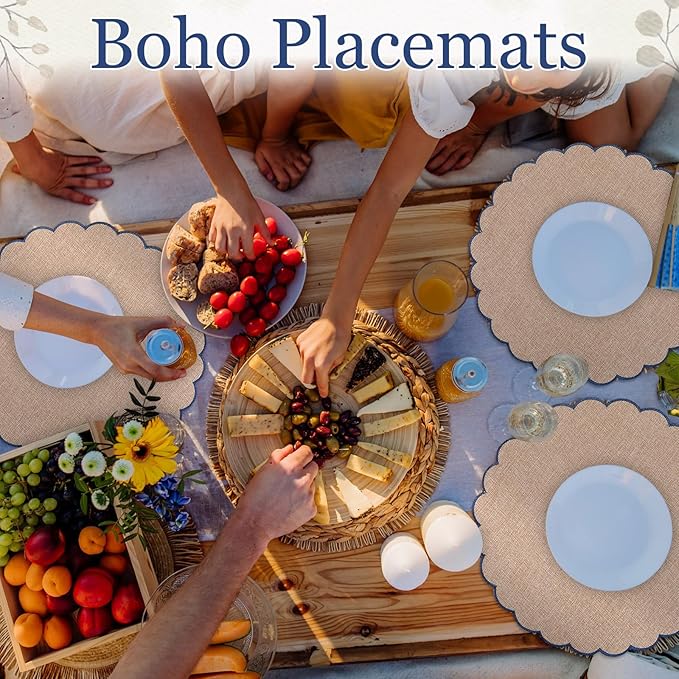Set of 6 Round Placemats 15 Inch Cotton Scalloped Embroidery Placemat Washable Double Layered Rustic Dinner Table Mat Decor Fabric for Hotel Restaurant Kitchen(Flaxen/Blue,Classic)