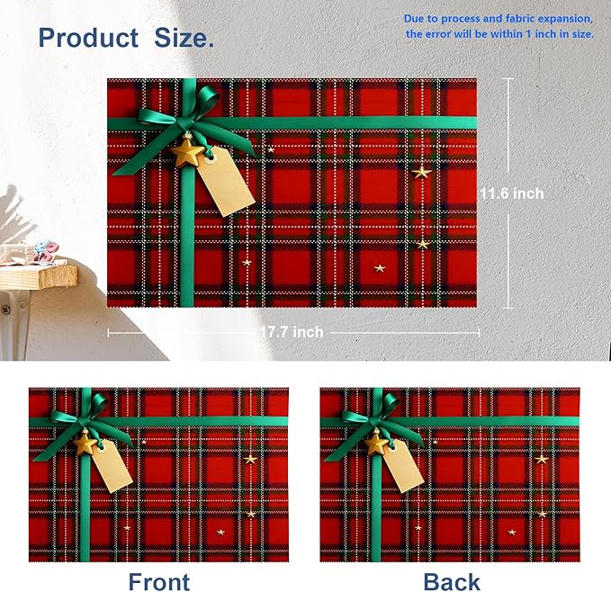 Batmerry Placemats,Bow and Empty Tag On Scottish Plaid Washable Linen Table Mats for Kitchen Table Double Insulation Decor Dining Set Indoor Outdoor 12X18 in Set of 4