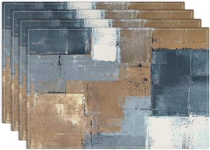 Emvency Farmhouse Placemats Set of 4, Vintage Brown and Blue Abstract Art Painting 12x18 Inch Table Mats for Outdoor Home Party Kitchen Dining Decoration