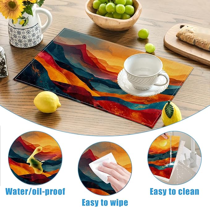 Abstract Mountain Sunset Placemats Set of 6, Washable Linen Place Mat Heat Resistant Non Slip Kitchen Dining Table Mats 12x18 Inch