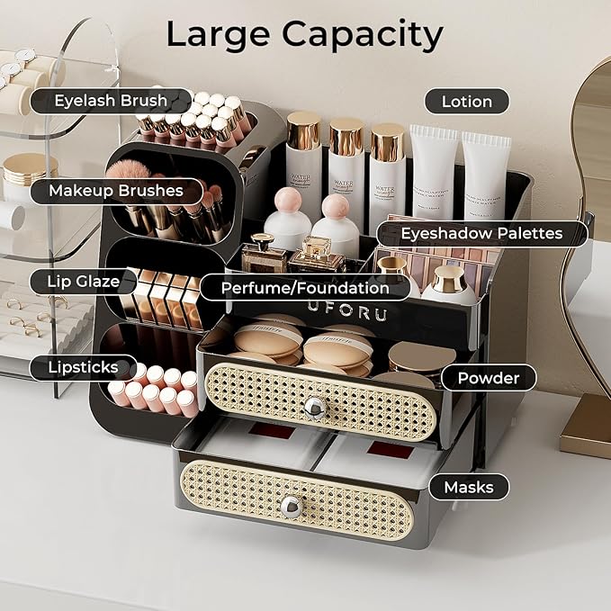 Makeup Organizer for Vanity with Brush Holder, Large Plastic Bathroom Countertop Skincare Organizer with 2 Drawers, Spacious Cosmetic Display Case for Perfumes, Eyeshadow Palettes, Nail Polishes