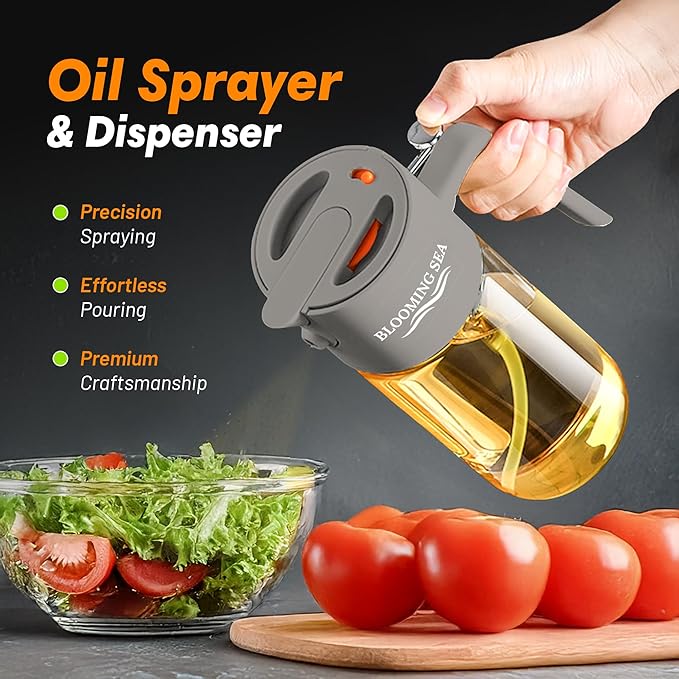 2-in-1 Oil Sprayer and Dispenser – 550ml Glass Olive Oil Bottle with Spray and Pour Modes – BPA-Free, Leakproof, Kitchen Oil Mister for Cooking, Air Fryer, BBQ (Gray)