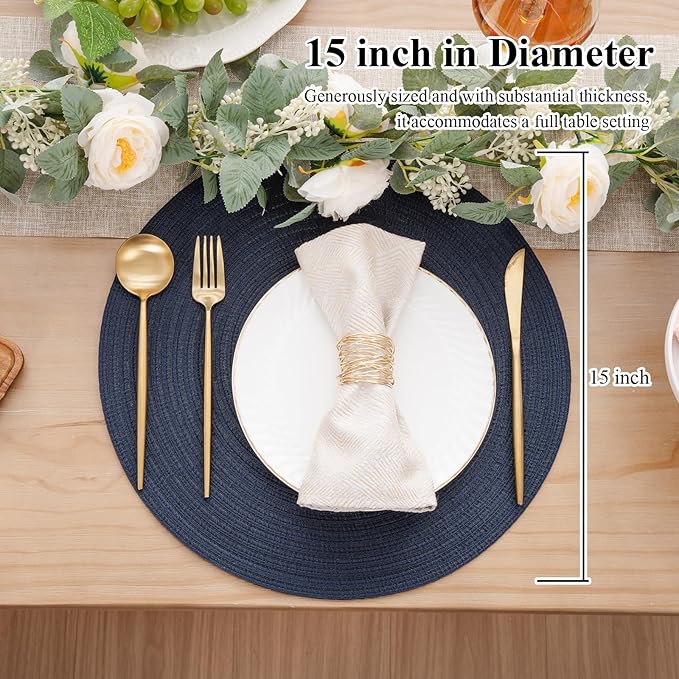 SHACOS Round Placemats Set of 6 Washable 15 inch Circle Polyester Woven Braided Place Mats for Dining Table Indoor Outdoor Table Mats Home Party Wedding Decor (Navy, 6)