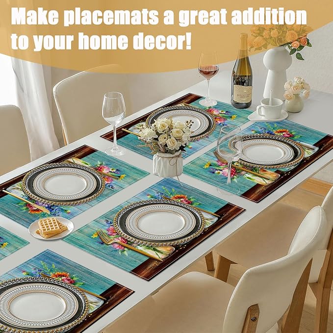 Rustic Flower Placemats Set of 6, Spring Flower Vase Linen Place Mat Washable Stain Resistant Table Mats for Farmhouse Kitchen Party Wedding 12x18 Inch