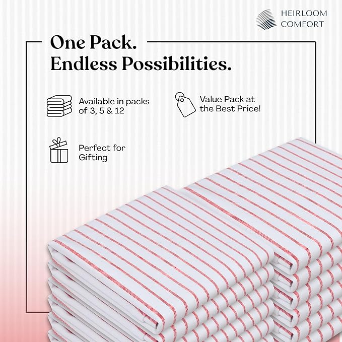 Red Stripe Cotton Kitchen Towels Set of 12, Durable & Super Absorbent Dishcloths Pack, Classic Stripe Towel Set, Quick Dry Towels for Daily Kitchen Use, Wiping & Drying Dishes