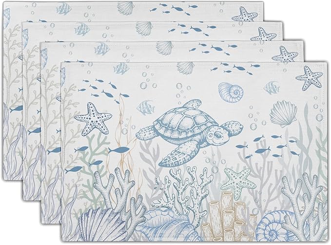 Giwawa Coastal Sea Turtle Placemats Set of 4, Ocean Life Nautical Tortoise Place Mat, Summer Starfish Seashell Beach Themed Washable Table Mats for Kitchen Dining Seasonal Party Decor, 12"x18"