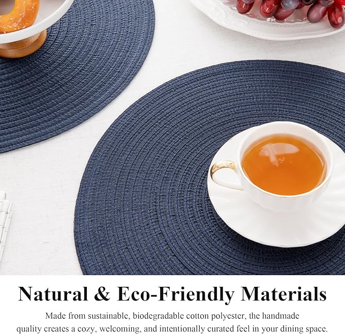 SHACOS Round Placemats Set of 4 Washable 15 inch Round Table Mats Cotton Polyester Woven Braided Place Mats for Dining Table, Navy
