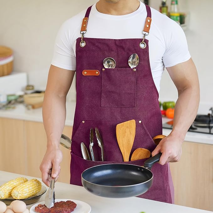 Aoomzoon Canvas Aprons for Men Chef Apron, Work Apron with Large Pockets - 16oz Heavy Duty Cross Back, BBQ, Cooking