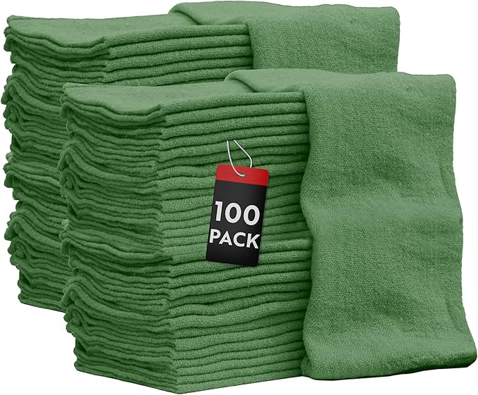 Nabob Wipers Auto Mechanic Shop Towels 100 Pack Bulk Rags 100% Cotton Commercial Grade Shop Rags Size 14"x14" (100 Pack, Green)