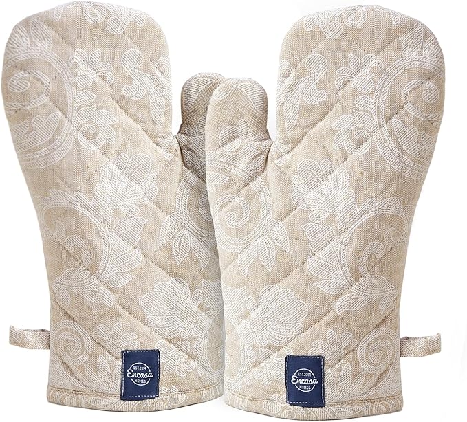 Encasa XO Oven Gloves Heat Resistant | Microwave Cooking Mittens for Baking & Kitchen Use | 12x7 in | Cotton Utensil Holder - Chambray Fabric (Pack of 2, Beige)