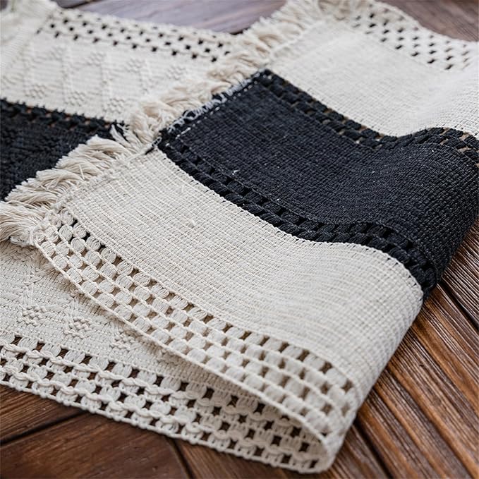 Alynsehom Macrame Table Runner Cream Beige and Black Boho Table Runners with Tassels Hand Woven Cotton Table Runner Rustic Farmhouse Table Runners for Bohemian Kitchen Dining Table(12x108in)