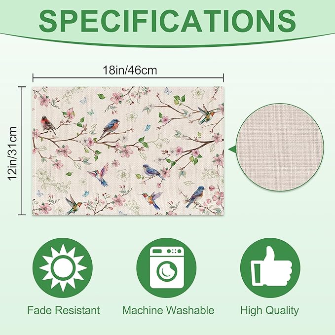 Spring Placemats Set of 4 12x18 inch for Dinning Table - Floral Bird Branch Spring Decor for Party, Dinner - Farmhouse Seaosonal Table Mats Floral Decroations for Home