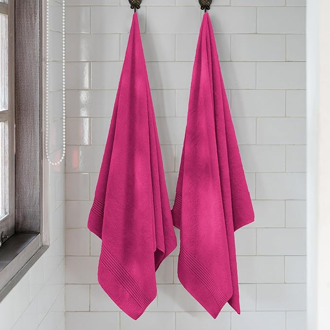 Mocassi Luxury 100% Turkish Cotton 2-Pack Bath Towel Set- Ultra Soft, Quick Dry Highly Absorbent 27 x 54 inch Premium Spa Hotel Quality 2PC Bath Towels - Luxurious Soft Bathroom Towels, Hot Pink