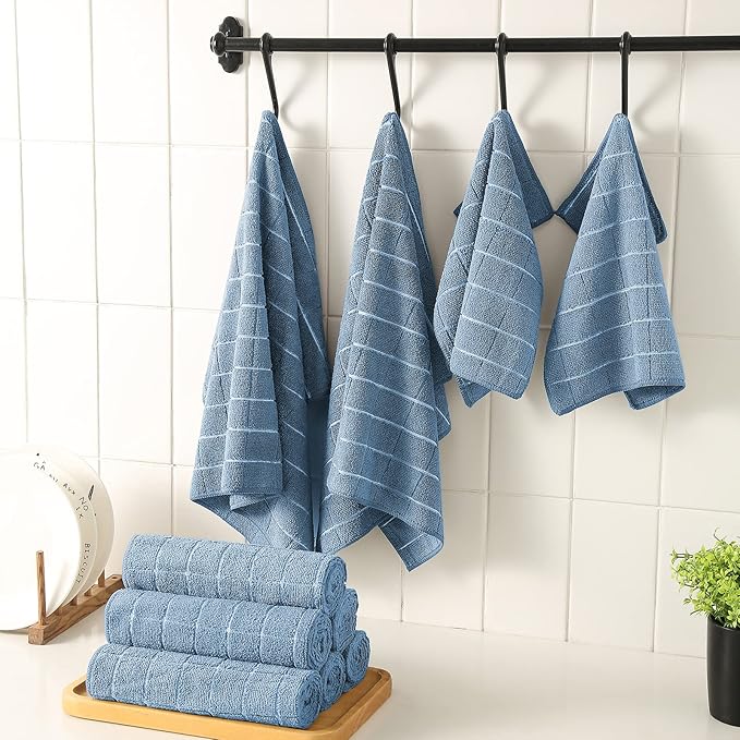 Puomue Microfiber Kitchen Towels and Dishcloths Set, 26 X 18 Inch and 12 X 12 Inch, Set of 12 Bulk Lint Free Dish Towels for Drying Dishes, Blue