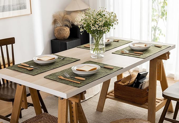 Kevin Textile Christmas Placemats, Set of 4 Heat-Resistant Placemats for Kitchen Table, Washable Durable Linen Table Mats Woven Placemats (4 Pcs, 13"x19", Peridot Green)