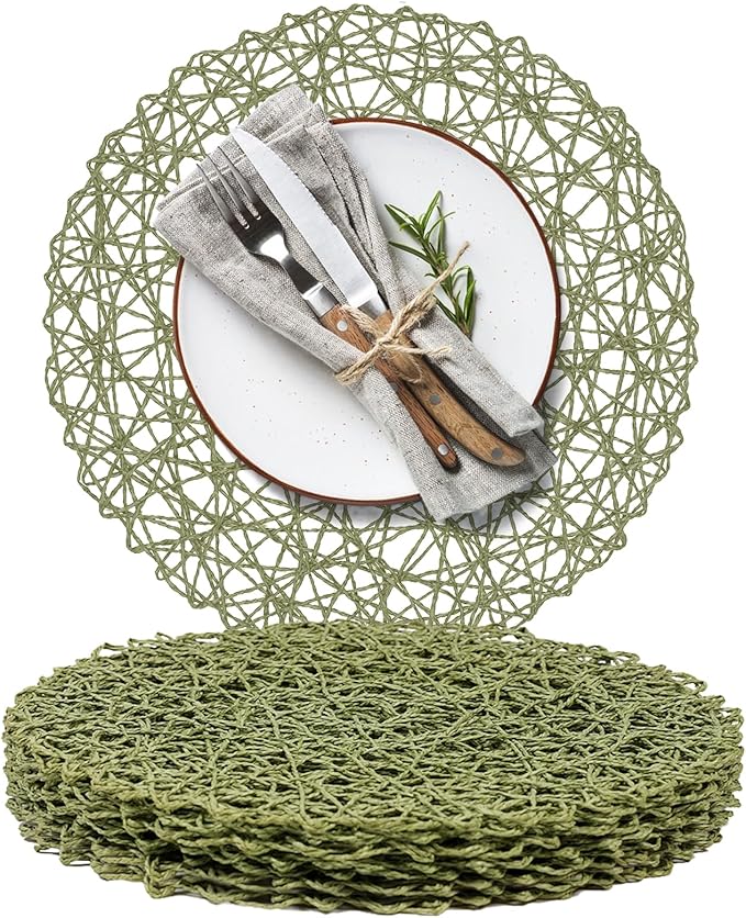 AHHFSMEI Paper Braided Round Placemats Set of 8 Natural Non-Slip Heat Resistant Table Mats for Dining Tables Woven Indoor & Outdoor Place mats(Green,8)