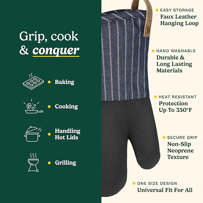 Cuisinart Heritage Kitchen Oven Mitts – Heat-Resistant Kitchen Mitts for Oven with Non-Slip Neoprene Palm, Long Cuff, and Cotton Filling – Durable Oven Gloves for Cooking, Baking, & Grilling