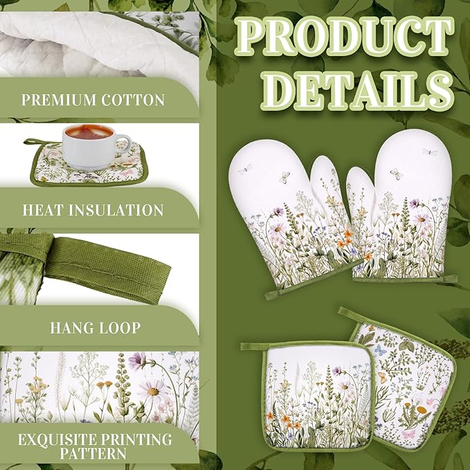 Leinuosen 6 Wild Flower Kitchen Towels Kitchen Decor and Accessories Set Floral Plant Oven Mitts and Pot Holders Sets Farmhouse Absorbent Dish Towels for Cooking Baking Grilling