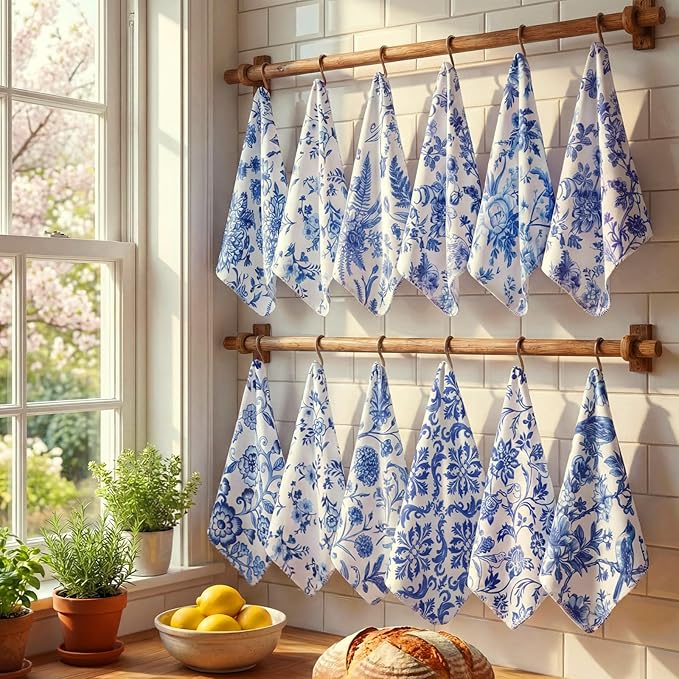 Tinlade 36 Pack Reusable Cleaning Cloths Washable Cotton Kitchen Towels Bulk 11.81 x 9.84 Inches Absorbent Dish Towels Roll for Home Kitchen Cleaning Supplies 12 Styles (Swedish Blue Floral)