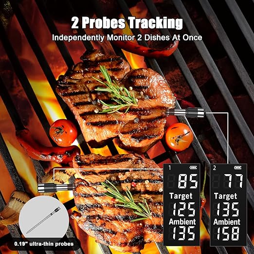 Smart Wireless Meat Thermometer with 2 Probes & 800ft Range, Bluetooth Grill Food Thermometer, Digital Backlit Screen, 0.5S Instant Read, NIST ±0.5℉ Accuracy for Kitchen BBQ, Oven, Smoker, Air Fryer