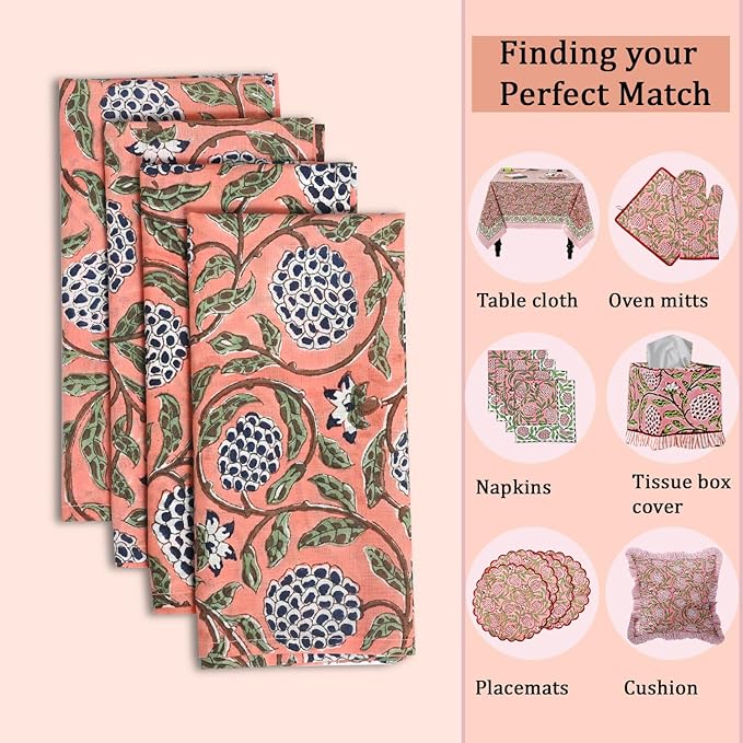 Ridhi Dark Salmon Hand Block Print 100% Cotton Napkins 18" x 18" (Set of 4) Reuseable Kitchen Napkins Cloth Decor Dinner Party Wedding Cocktail Gift for Spring, Easter, Valentine