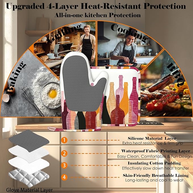 Red Wine Bottle Oven Mitts and Pot Holders Sets Non-Slip Silicone Surface for BBQ Gloves,Kitchen,Cooking,Baking,Grilling
