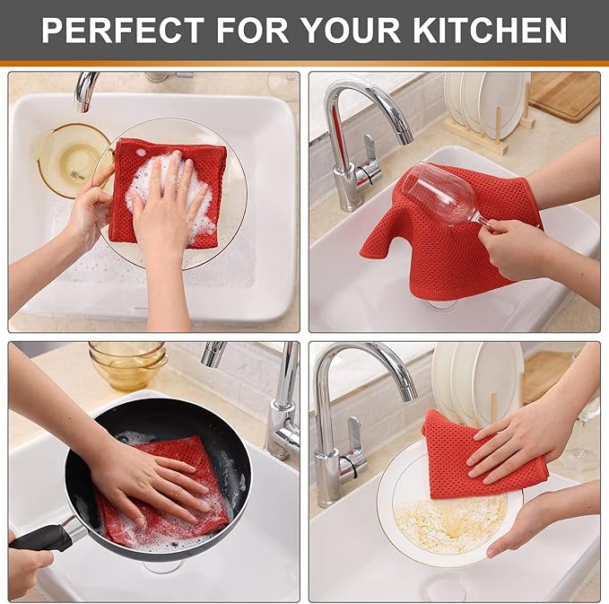 Kitinjoy 100% Cotton Kitchen Dish Cloths (12 X 12 Inches, Brick Red), 6 Pack Waffle Weave Ultra Soft Absorbent Dish Towels for Drying Dishes Quick Drying Kitchen Towels Dish Rags